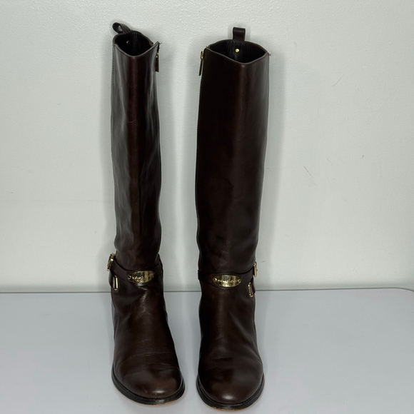 Michael Kors Riding Boots Brown Leather Knee High Tall Womens Gold Buckles 9.5M - Picture 1 of 8